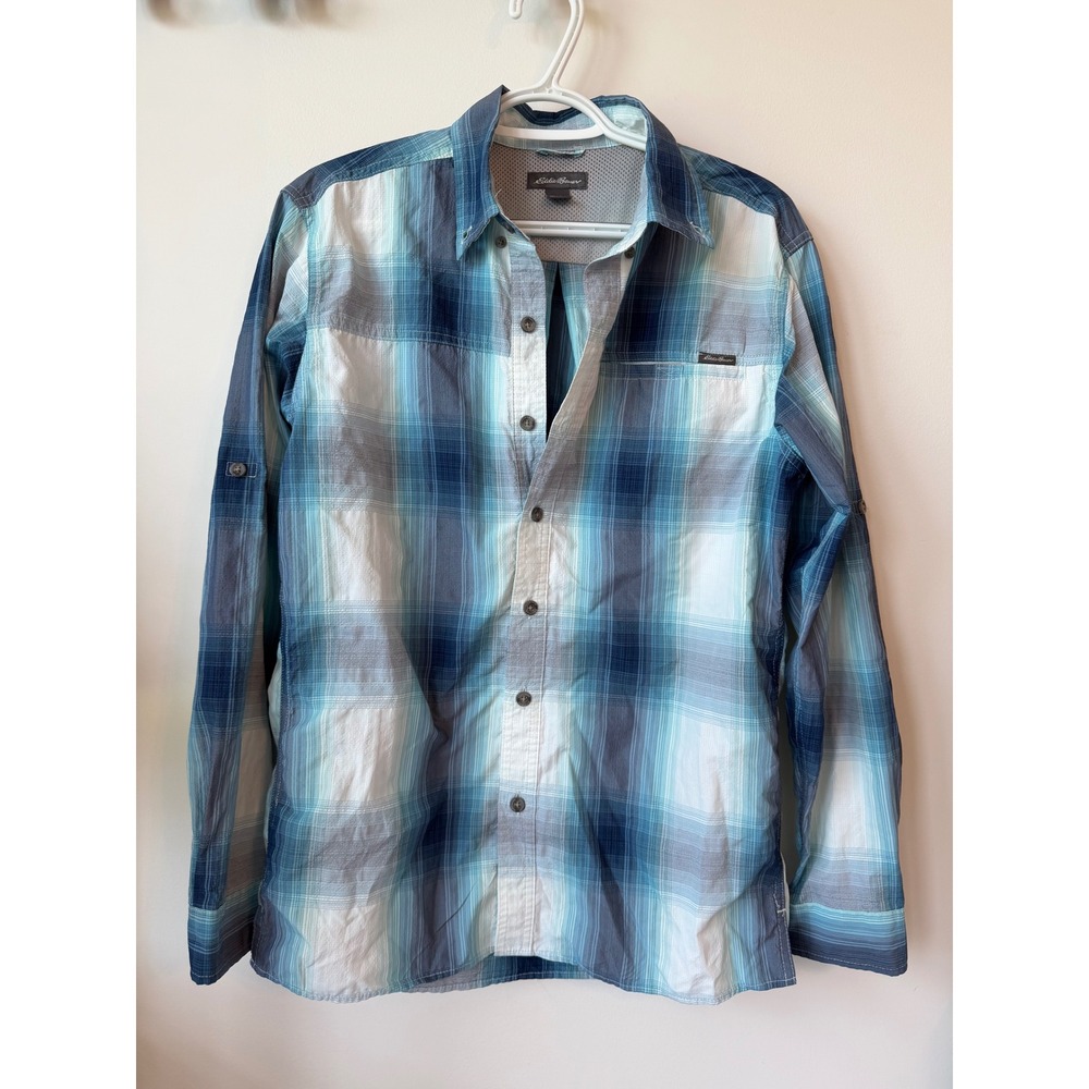 Eddie Bauer Mens Blue Plaid Long Sleeve Hiking Shirt Mesh Lined Roll Tab Small